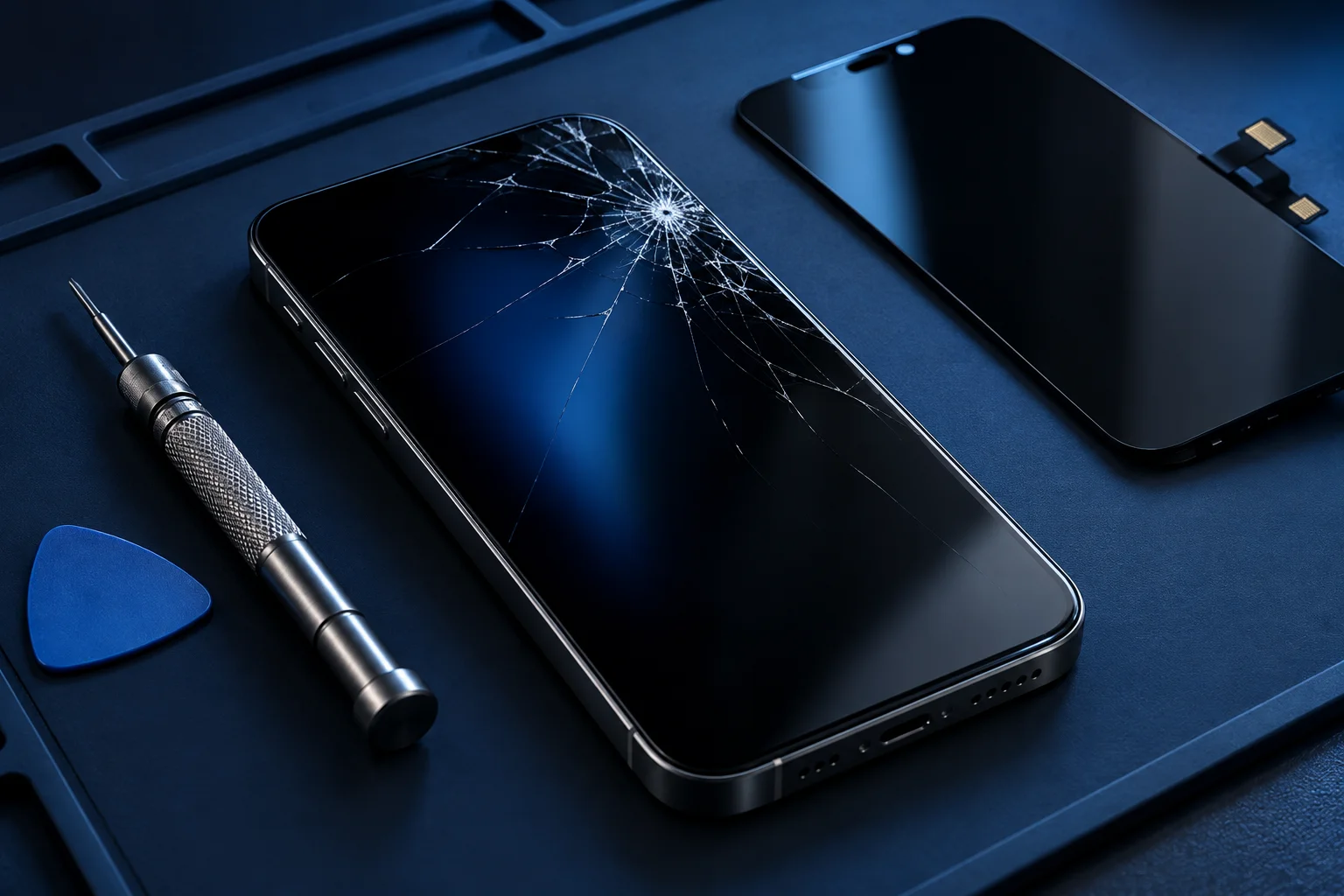 Illustrative cracked smartphone display before assessment